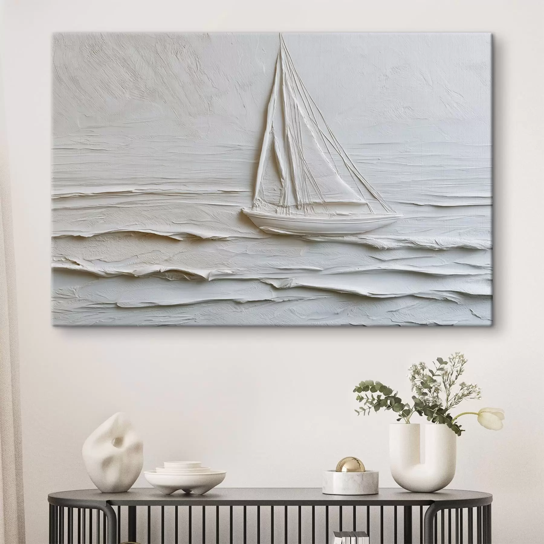 murales Velero minimalista en el mar con efecto de relieve s49984