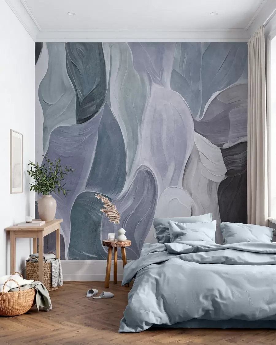 wall murals Abstract shapes in muted blue and gray tones, brushstrokes imitation w09908v1