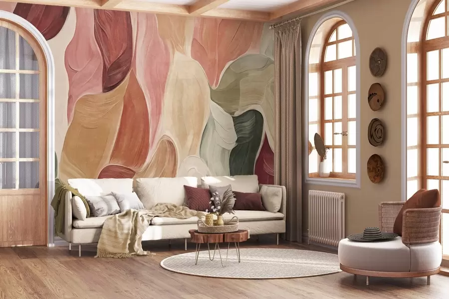 wall murals Abstract shapes in muted pink, peach and green tones, brushstrokes imitation w09908
