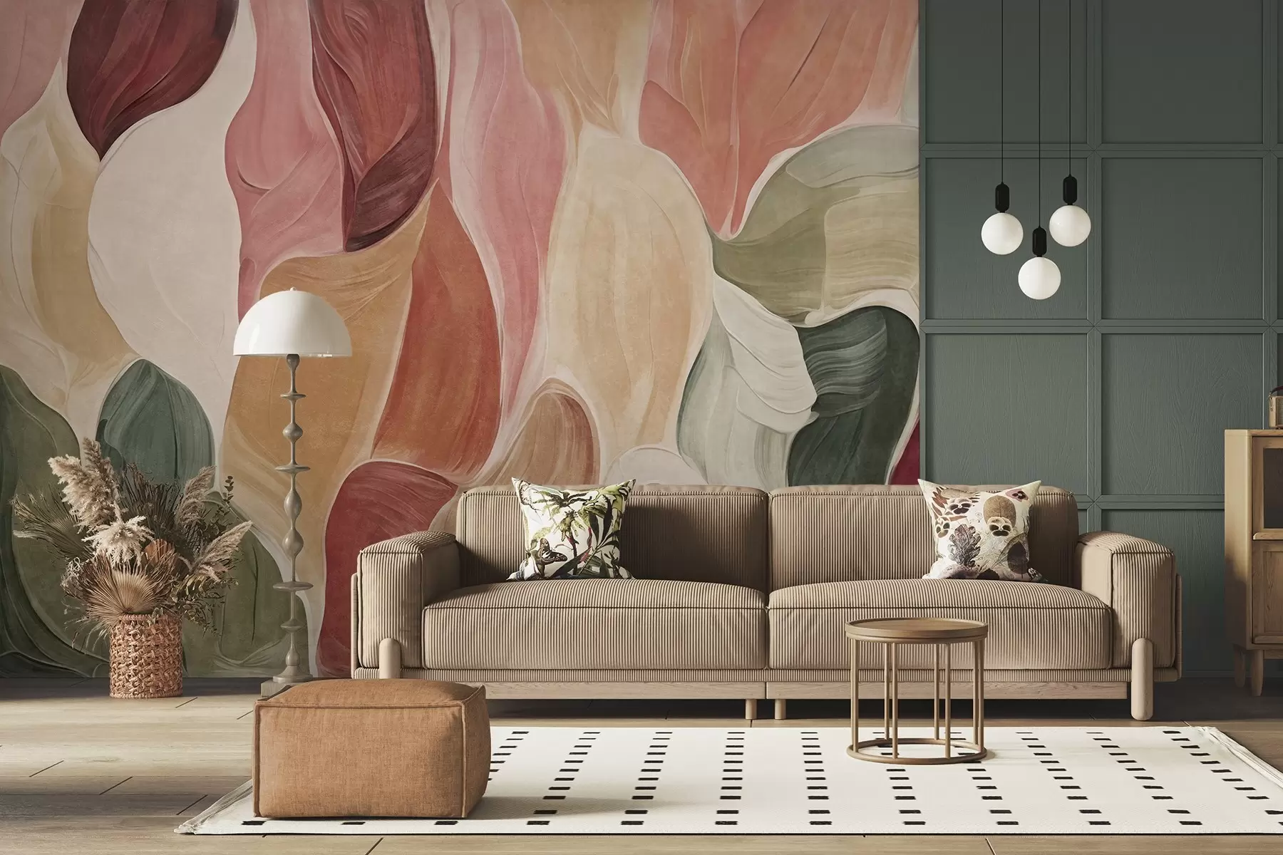 wall murals Abstract shapes in muted pink, peach and green tones, brushstrokes imitation w09908