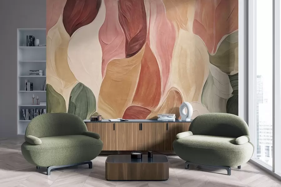 wall murals Abstract shapes in muted pink, peach and green tones, brushstrokes imitation w09908
