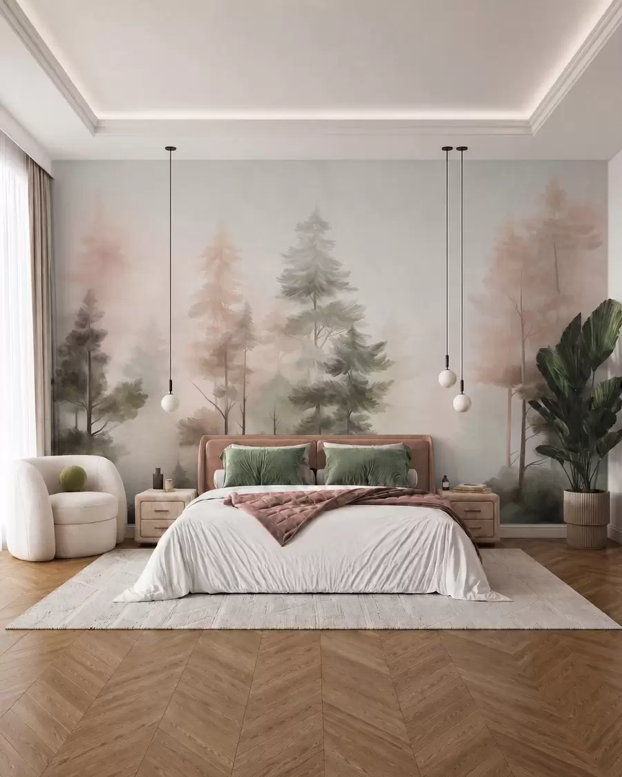 wall murals Textured forest with tall pine trees in shades of green and pink, with soft light fog w09982