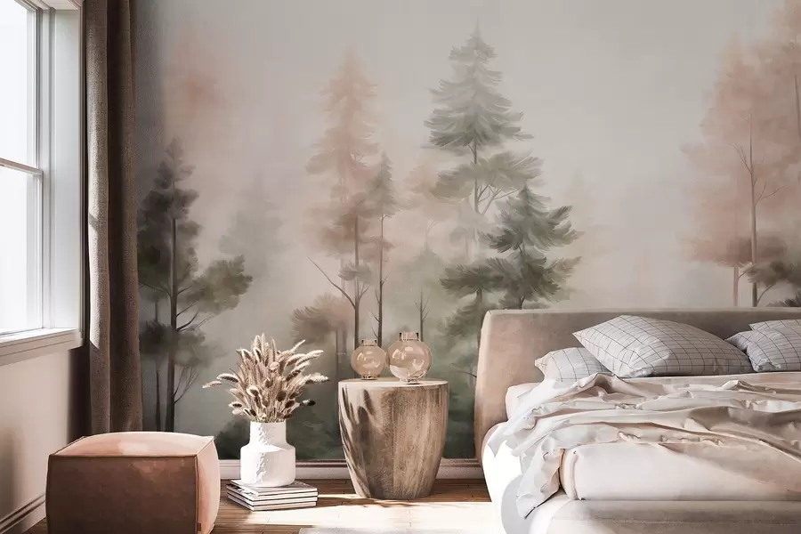 Wall Mural Photo Wallpaper Textured forest with tall pine trees in shades of green and pink, with soft light fog w09982
