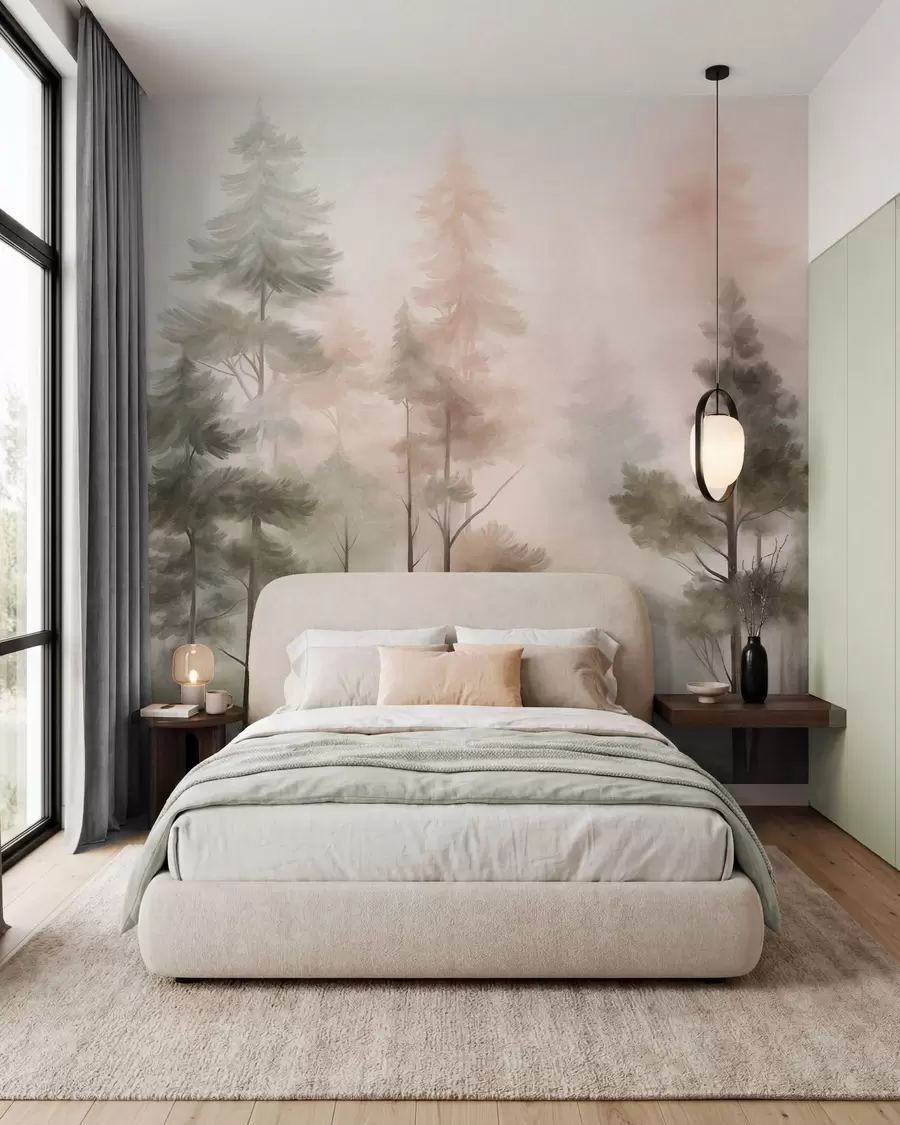 peintures murales Forêt aux textures variées, peuplée de grands pins aux nuances de vert et de rose, enveloppée d'un léger brouillard w09982