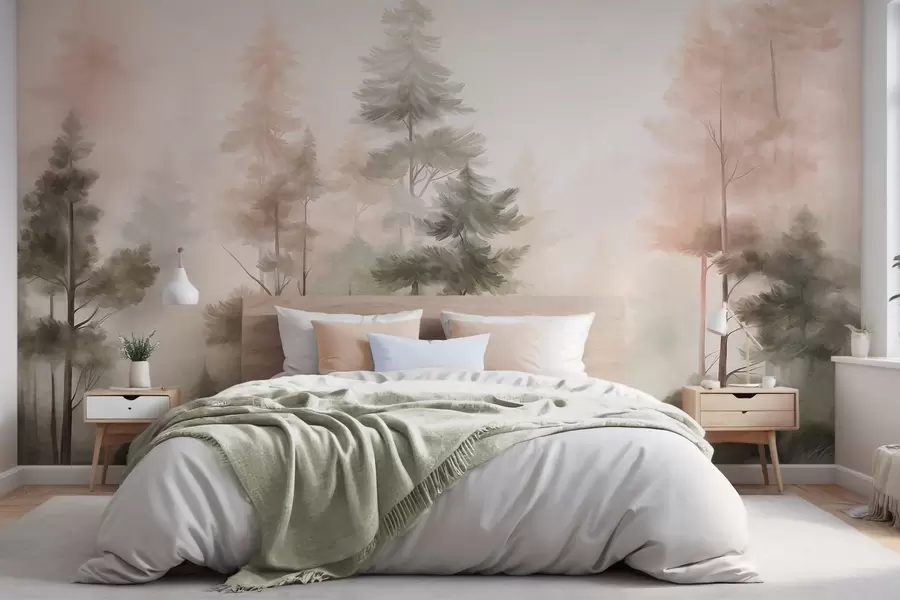 wall murals Textured forest with tall pine trees in shades of green and pink, with soft light fog w09982