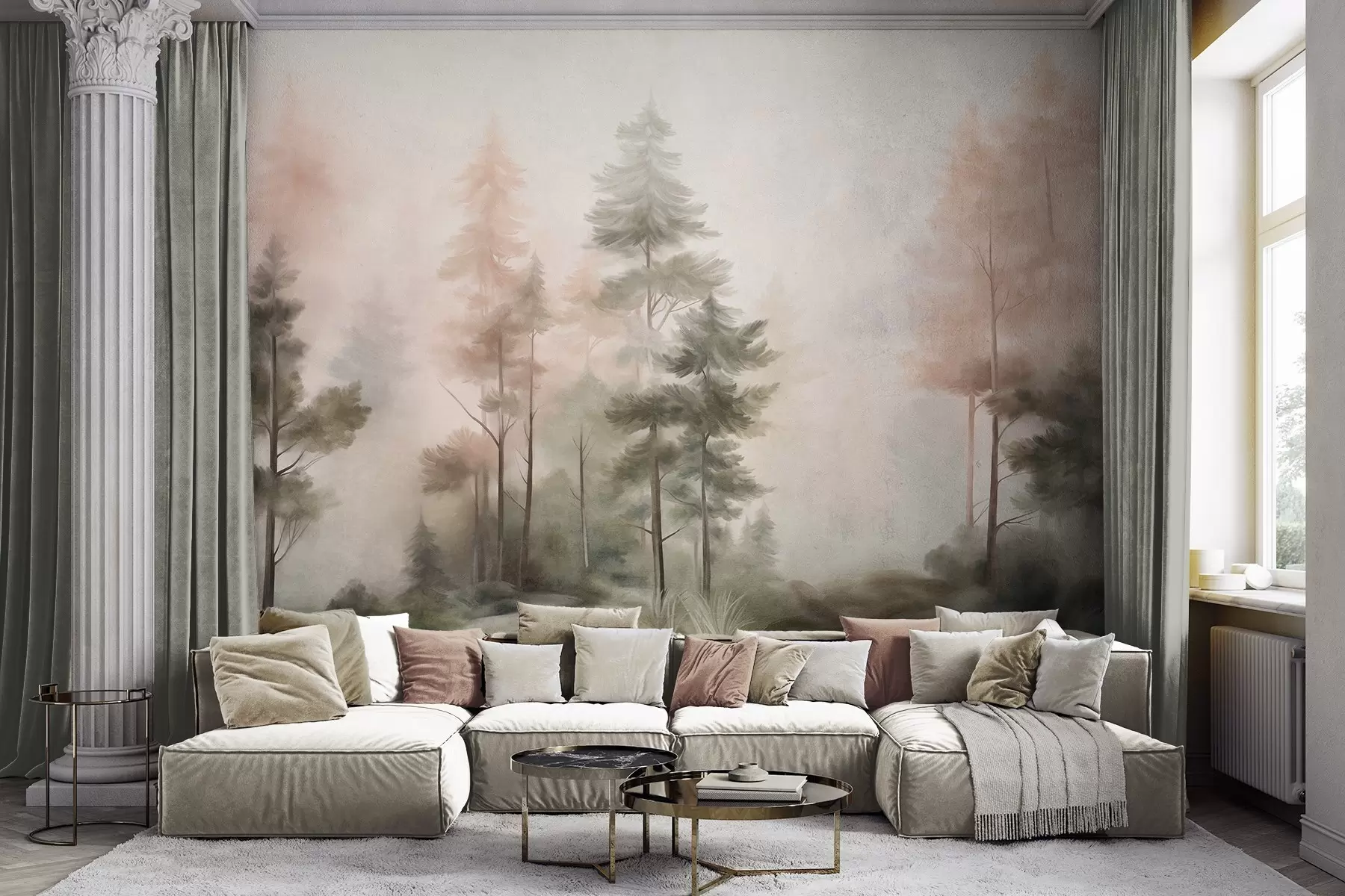 peintures murales Forêt aux textures variées, peuplée de grands pins aux nuances de vert et de rose, enveloppée d'un léger brouillard w09982