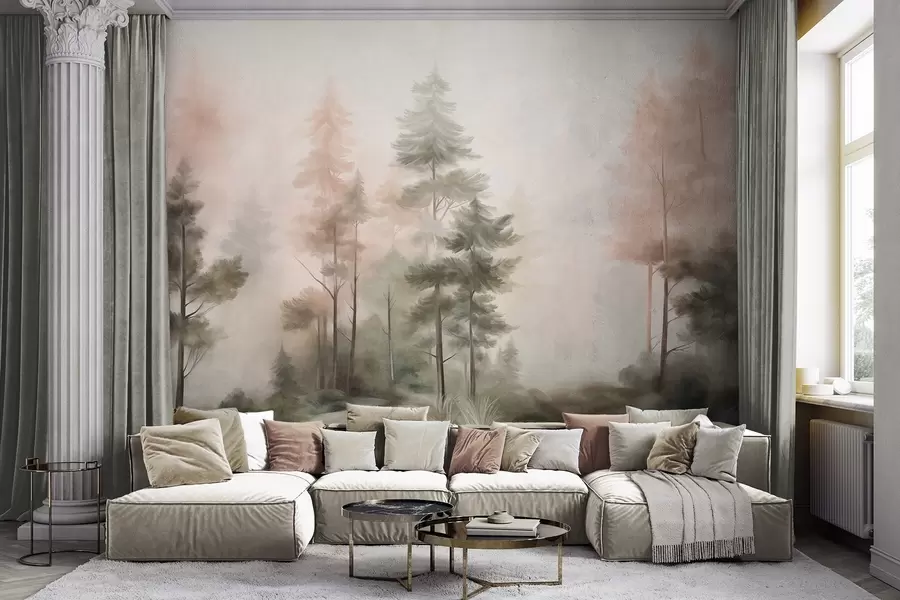 Wall Mural Photo Wallpaper Textured forest with tall pine trees in shades of green and pink, with soft light fog w09982