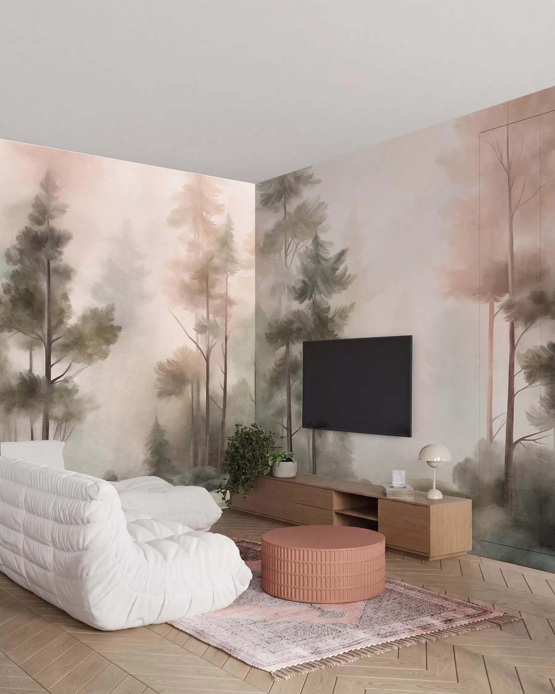 murales Pinos en la bruma rosa w09982