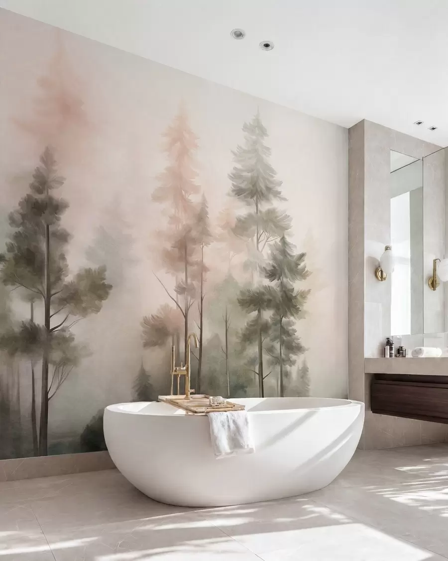 peintures murales Forêt aux textures variées, peuplée de grands pins aux nuances de vert et de rose, enveloppée d'un léger brouillard w09982