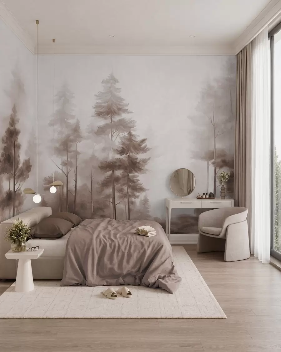 wall murals Textured forest with tall pine trees in shades of brown, with soft light fog w09982v1
