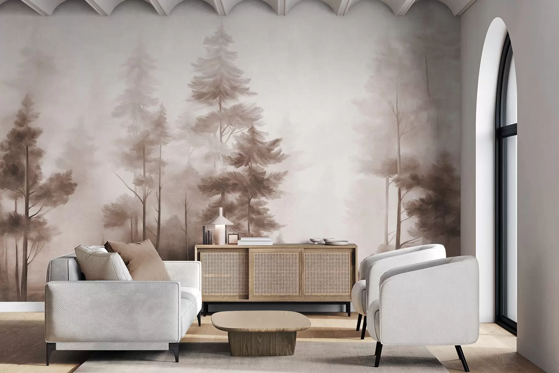 wall murals Textured forest with tall pine trees in shades of brown, with soft light fog w09982v1