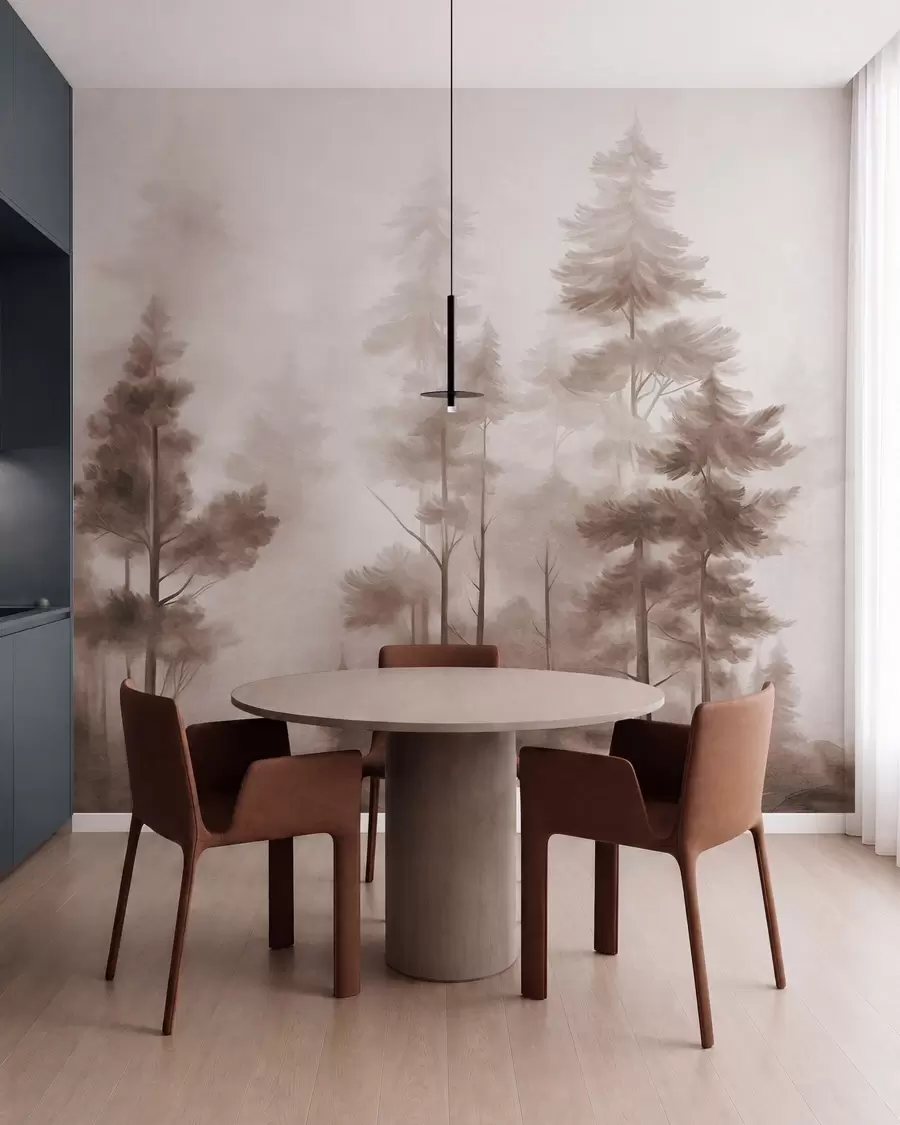 wall murals Textured forest with tall pine trees in shades of brown, with soft light fog w09982v1