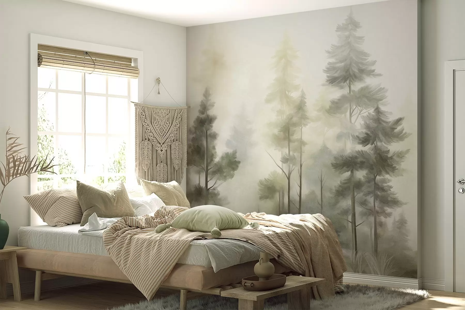Wall Mural Photo Wallpaper Textured forest with tall pine trees in shades of green and yellow, with soft light fog w09982v2