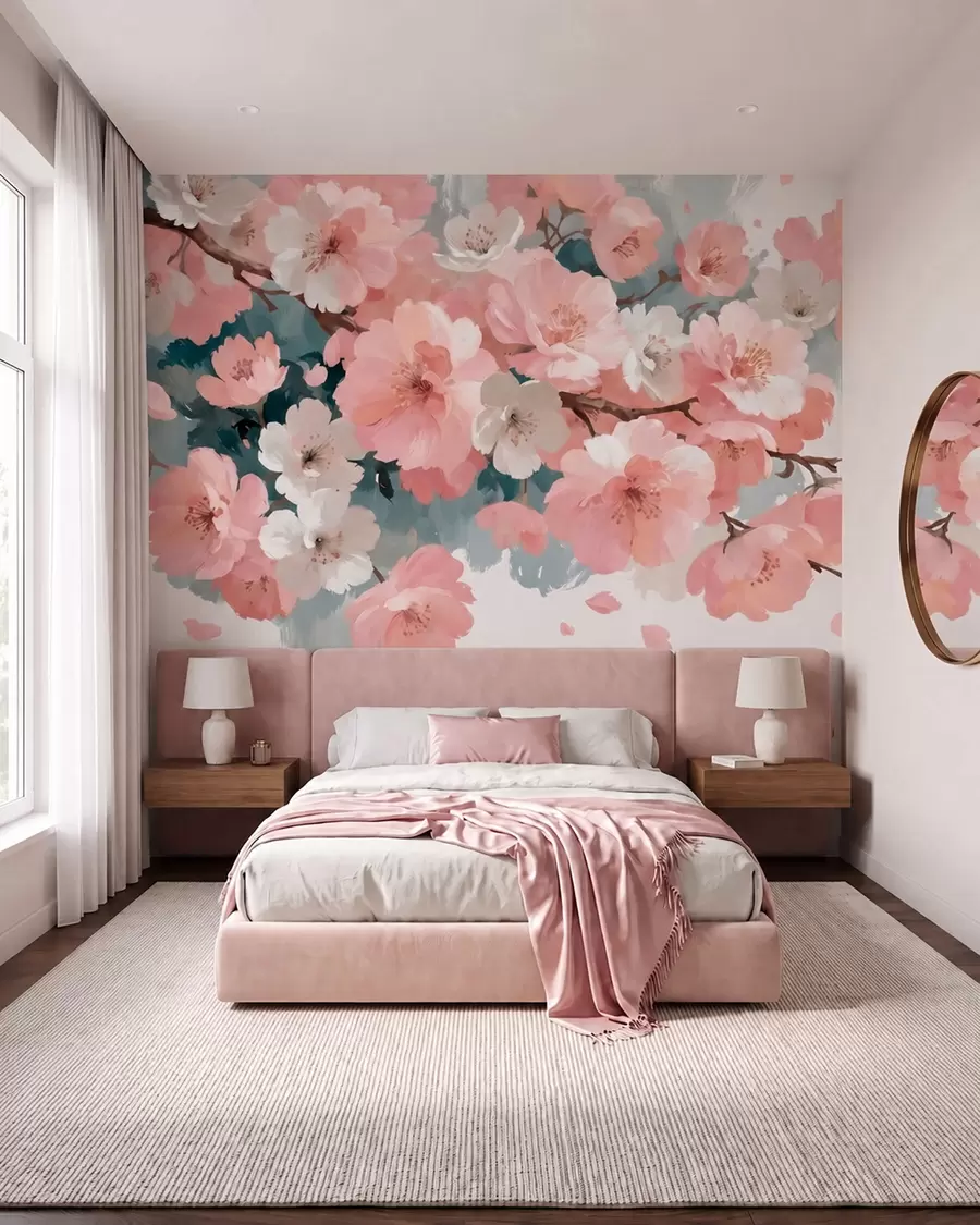 Wall Mural Photo Wallpaper Blooming cherry blossoms with pink and white flowers in oil painting style w09912