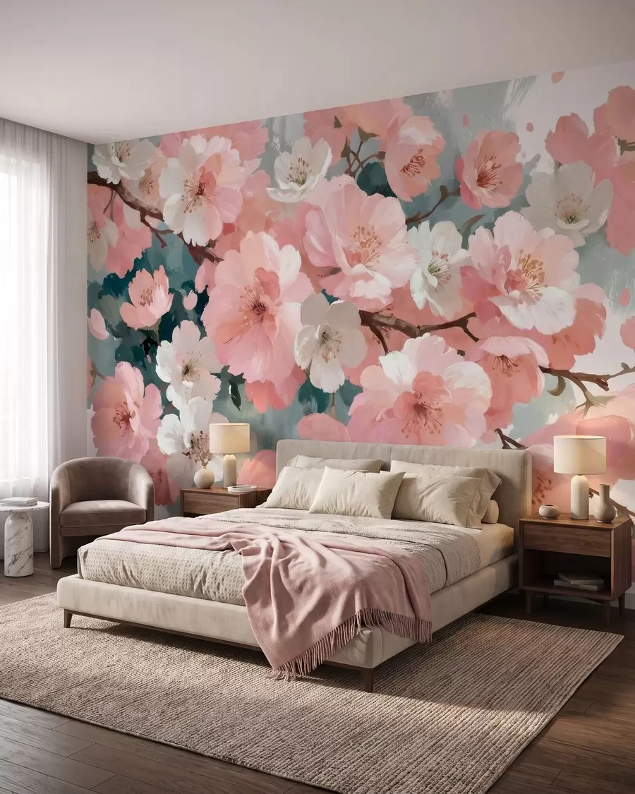 wall murals Blooming cherry blossoms with pink and white flowers in oil painting style w09912