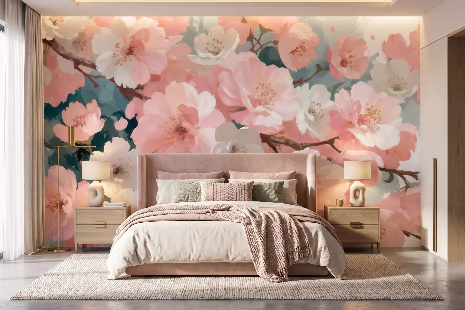 peintures murales Fleurs de cerisier en pleine floraison, roses et blanches, dans un style de peinture à l'huile w09912