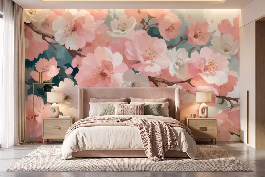 Wall Mural Photo Wallpaper Blooming cherry blossoms with pink and white flowers in oil painting style w09912