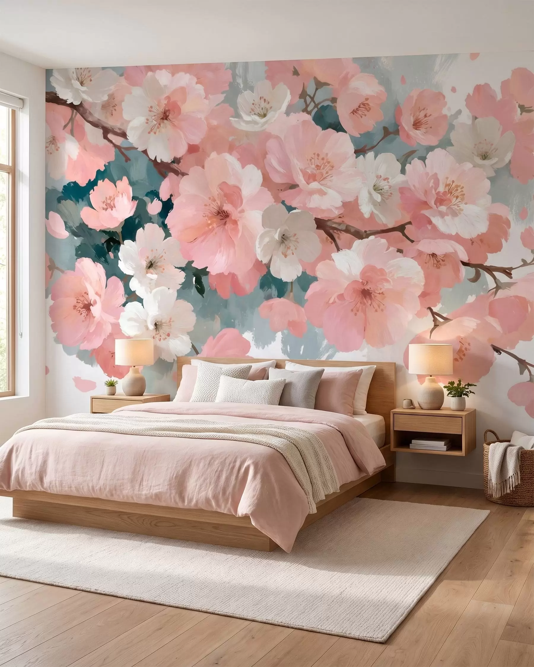 Wall Mural Photo Wallpaper Blooming cherry blossoms with pink and white flowers in oil painting style w09912