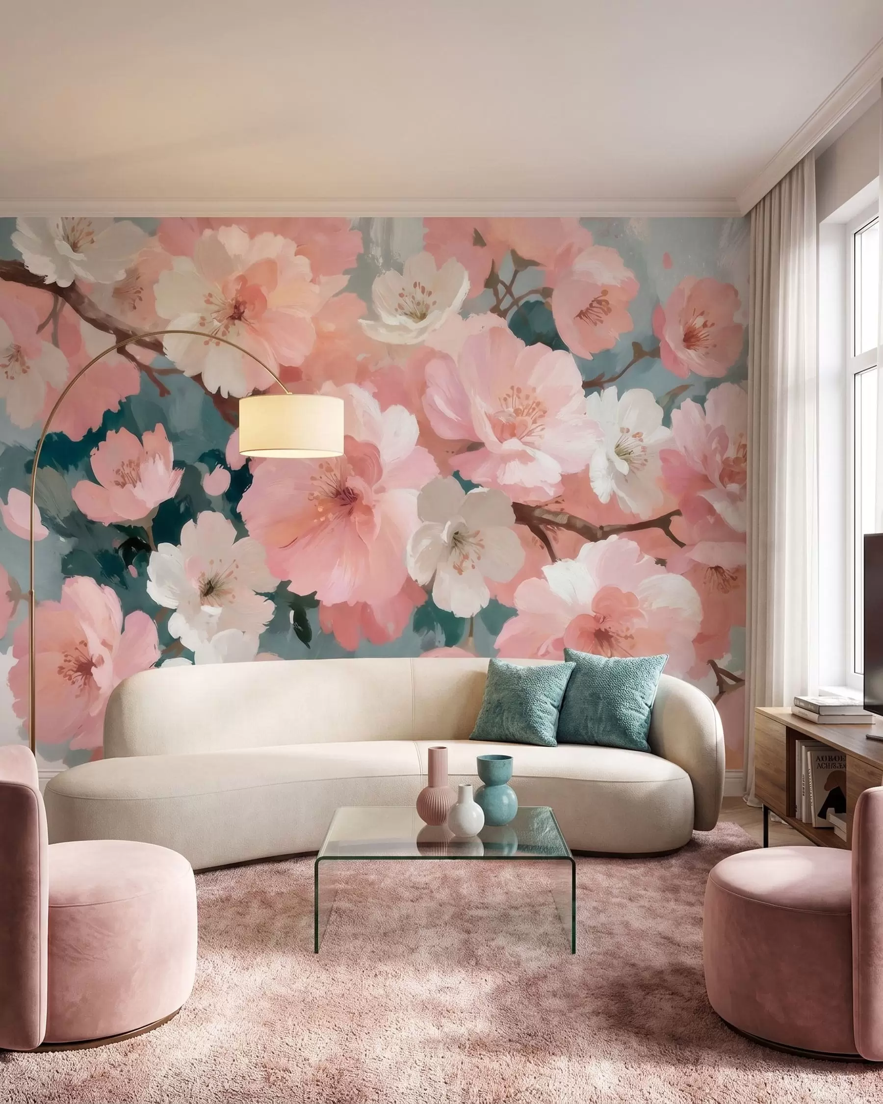 Wall Mural Photo Wallpaper Blooming cherry blossoms with pink and white flowers in oil painting style w09912