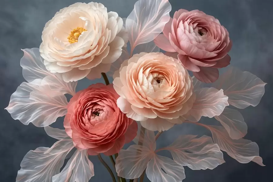 wall murals Bouquet of peonies and ranunculus in peach and pink shades on dark background w09926