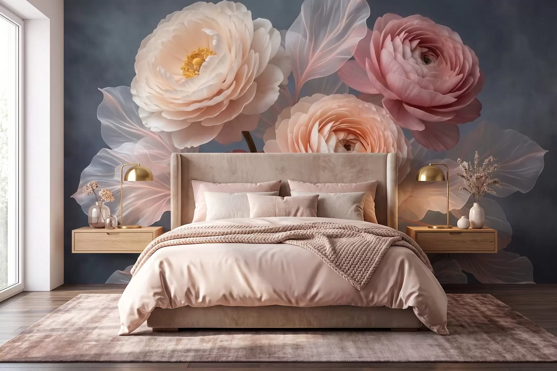 wall murals Bouquet of peonies and ranunculus in peach and pink shades on dark background w09926