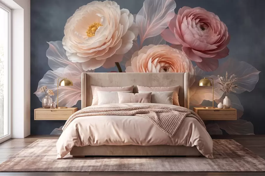 Wall Mural Photo Wallpaper Bouquet of peonies and ranunculus in peach and pink shades on dark background w09926