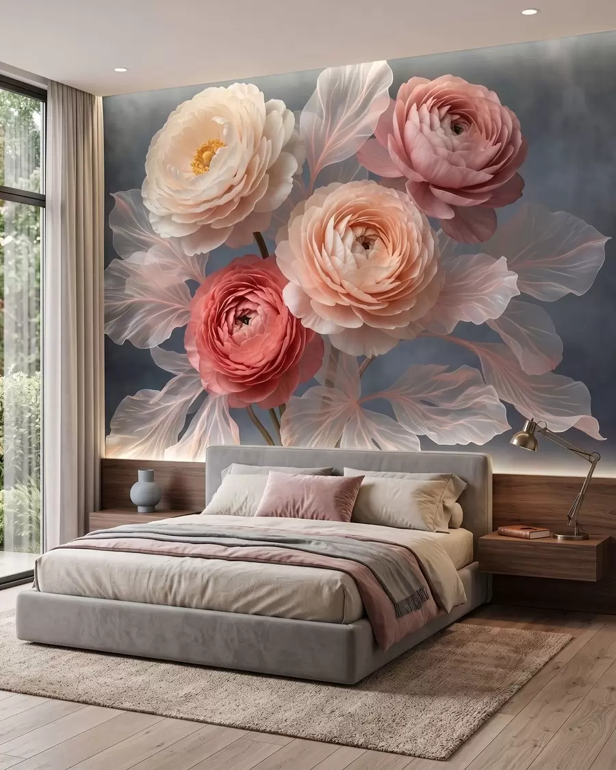 Wall Mural Photo Wallpaper Bouquet of peonies and ranunculus in peach and pink shades on dark background w09926