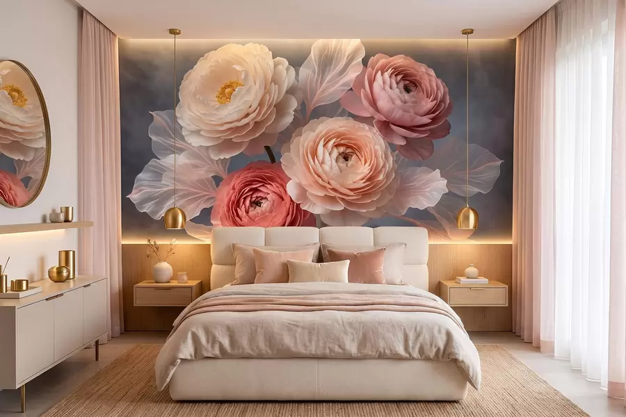 peintures murales Bouquet de pivoines et de renoncules dans des tons pêche et rose sur fond foncé w09926