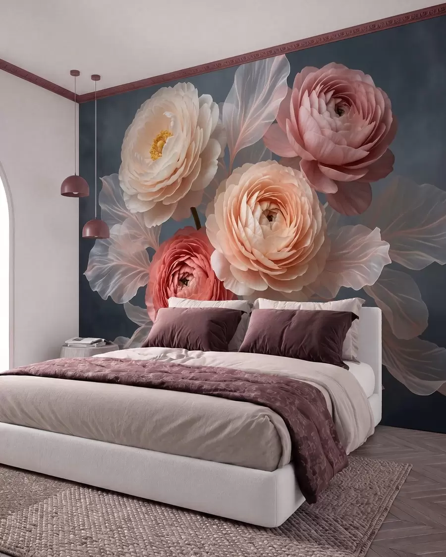 Wall Mural Photo Wallpaper Bouquet of peonies and ranunculus in peach and pink shades on dark background w09926