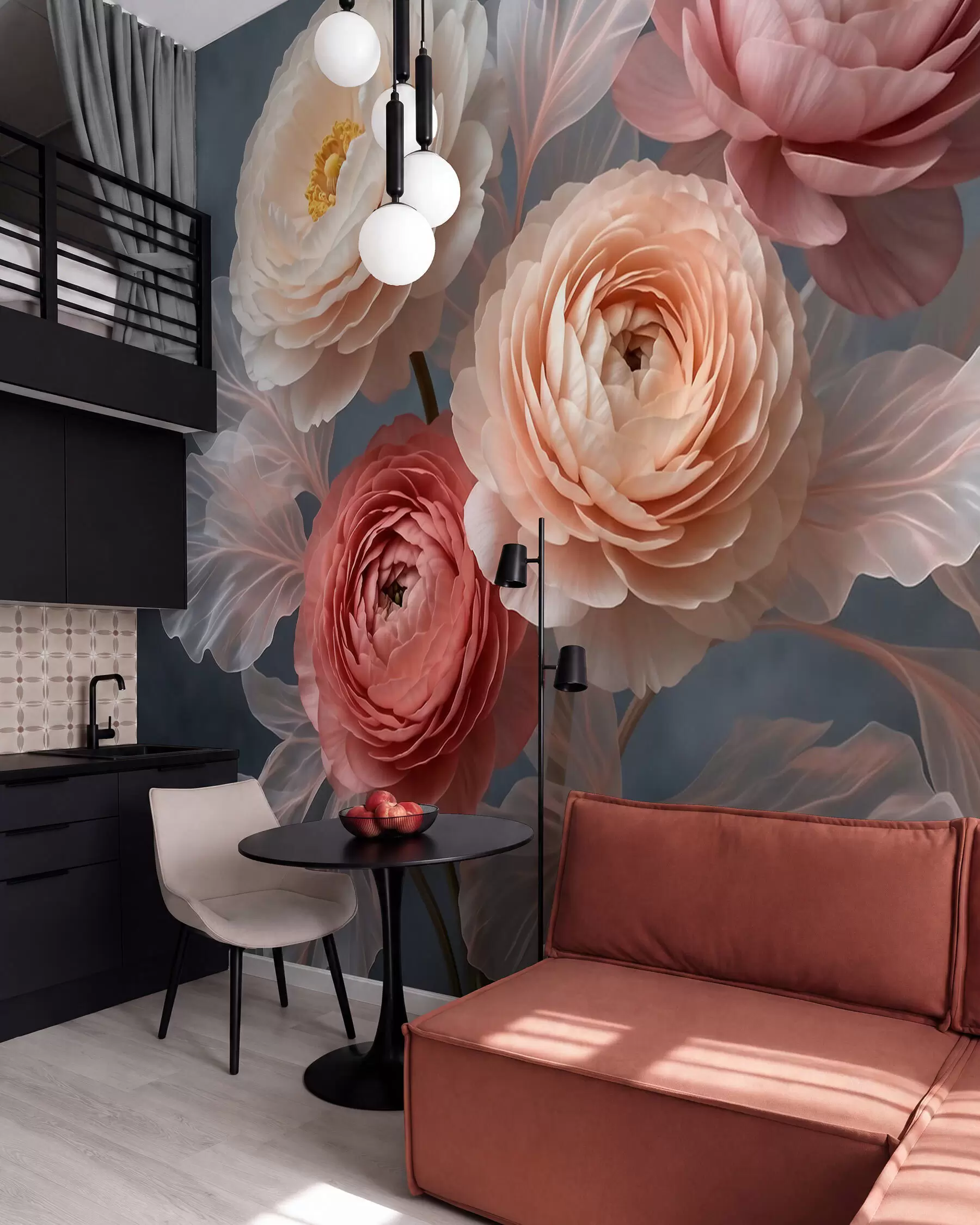 peintures murales Bouquet de pivoines et de renoncules dans des tons pêche et rose sur fond foncé w09926