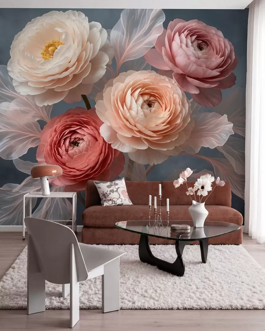 peintures murales Bouquet de pivoines et de renoncules dans des tons pêche et rose sur fond foncé w09926