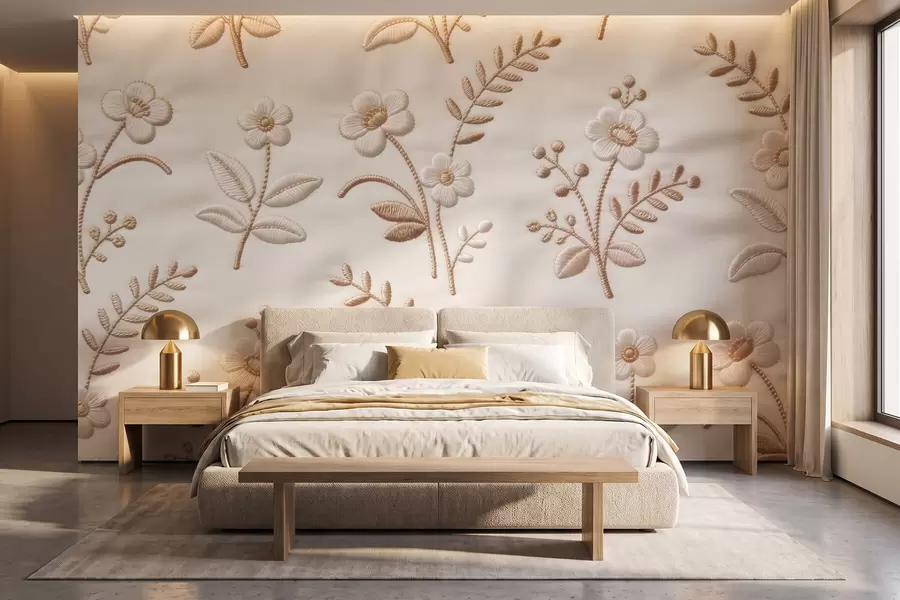 Wall Mural Photo Wallpaper Imitation embroidery floral pattern with yellow thread on fabric w09953