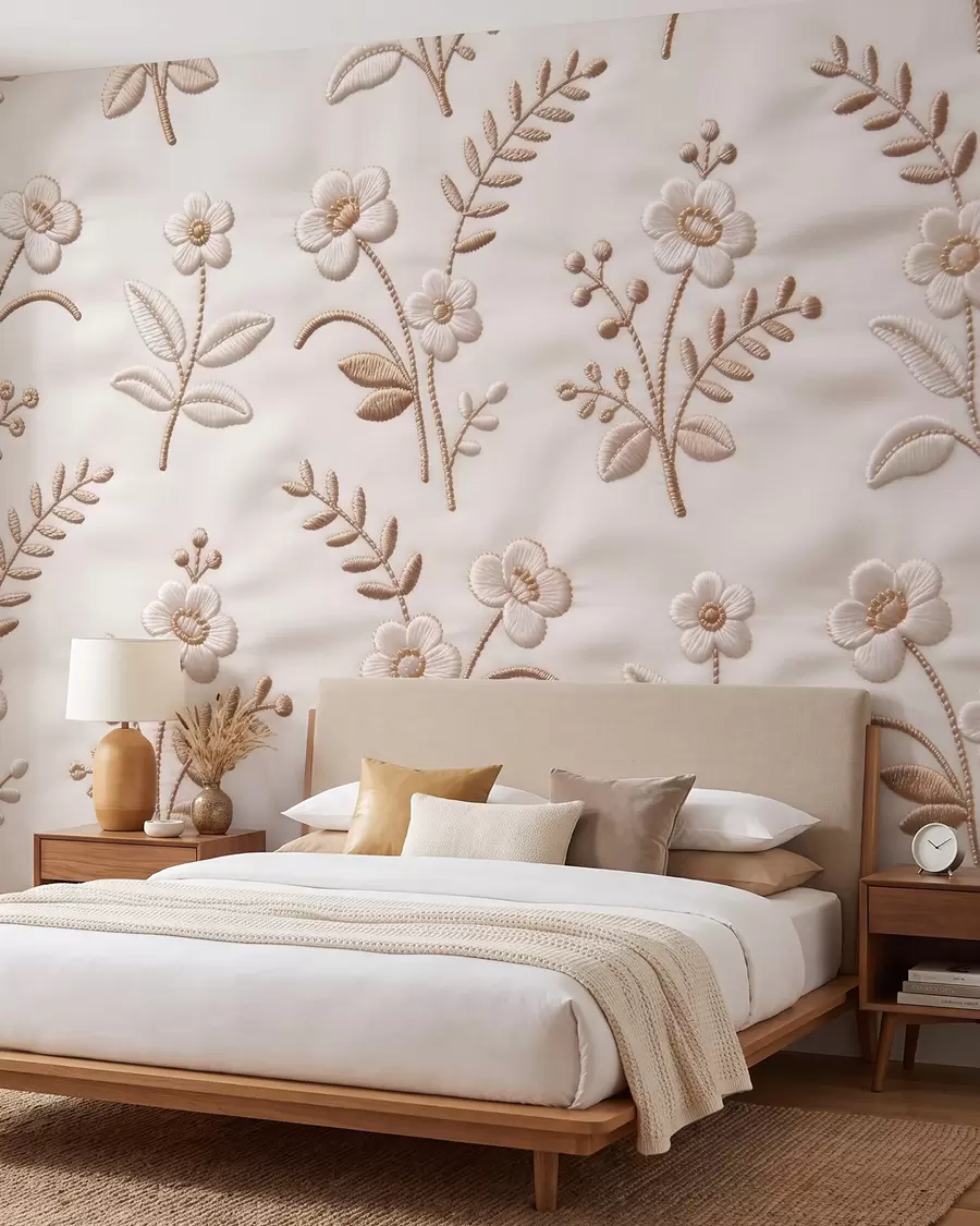 Wall Mural Photo Wallpaper Imitation embroidery floral pattern with yellow thread on fabric w09953