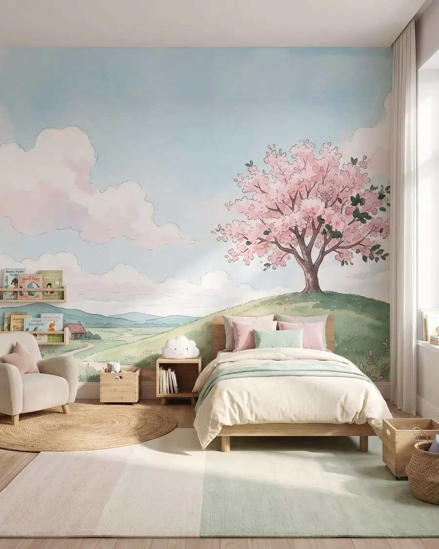 murales Árbol en flor sobre una colina verde con una casita en la lejanía; paisaje al estilo de la acuarela w09954
