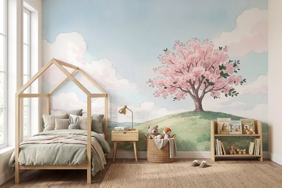 Wall Mural Photo Wallpaper Blooming tree on green hill with distant cottage, watercolor style landscape w09954