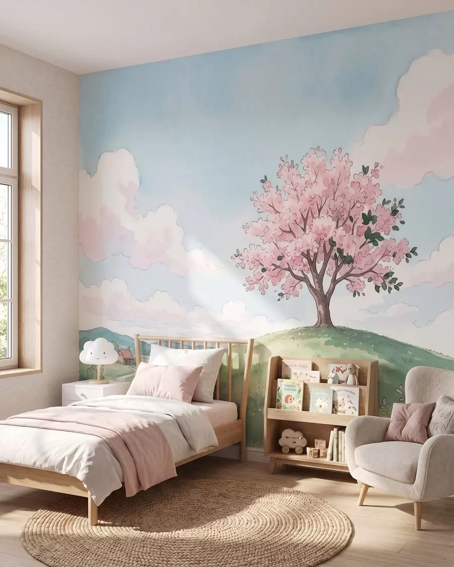 peintures murales Arbre en fleurs sur une colline verdoyante avec une petite maison au loin, paysage de style aquarelle w09954