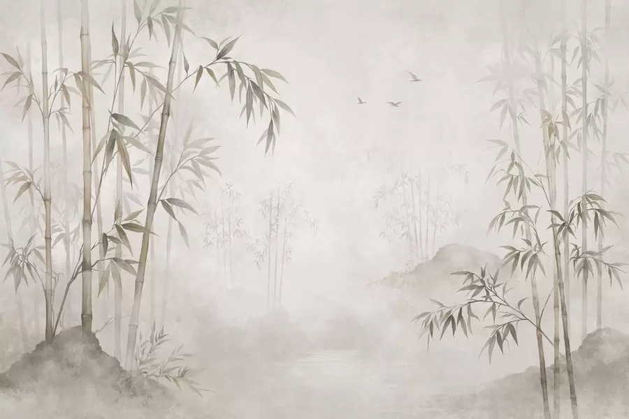 wall murals A misty bamboo grove by calm waters w05732