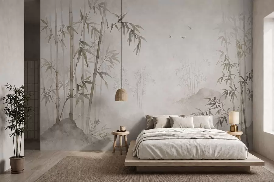 Wall Mural Photo Wallpaper A misty bamboo grove by calm waters w05732