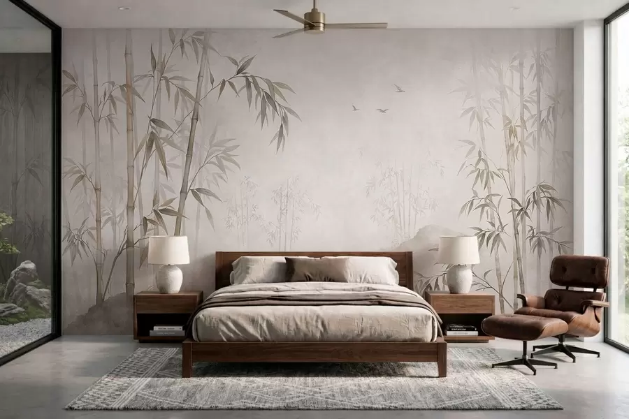Wall Mural Photo Wallpaper A misty bamboo grove by calm waters w05732