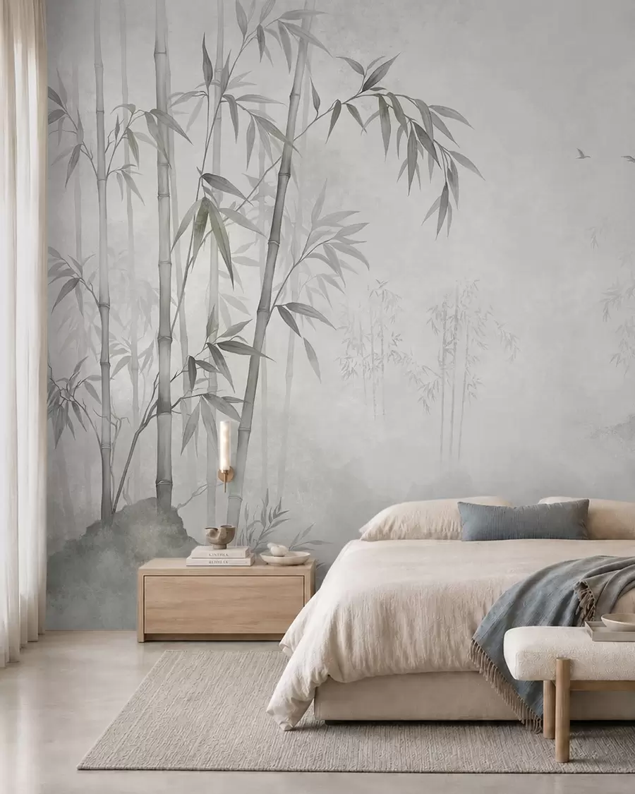 Wall Mural Photo Wallpaper A misty monochrome bamboo grove by calm waters w05732v1