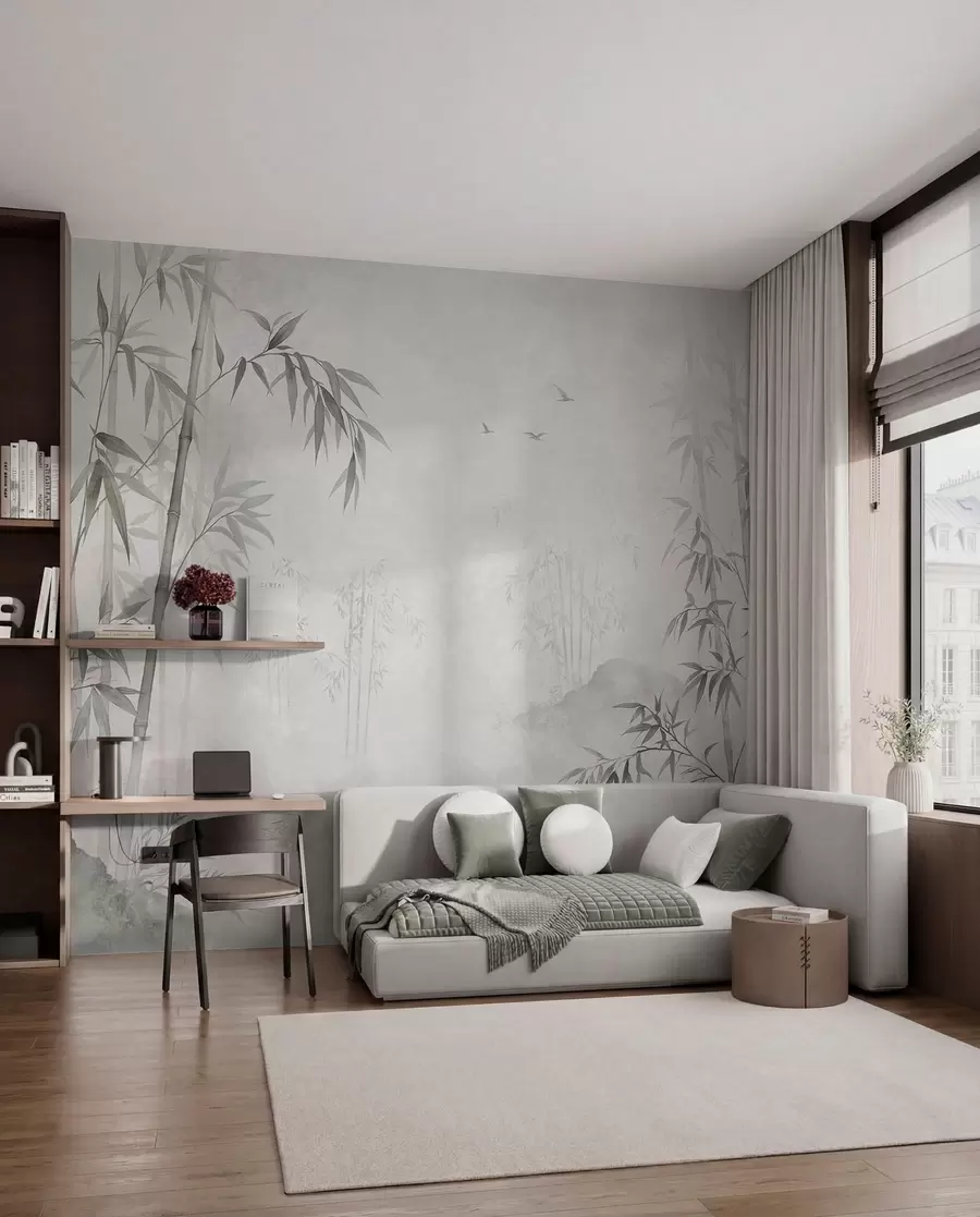 wall murals A misty monochrome bamboo grove by calm waters w05732v1