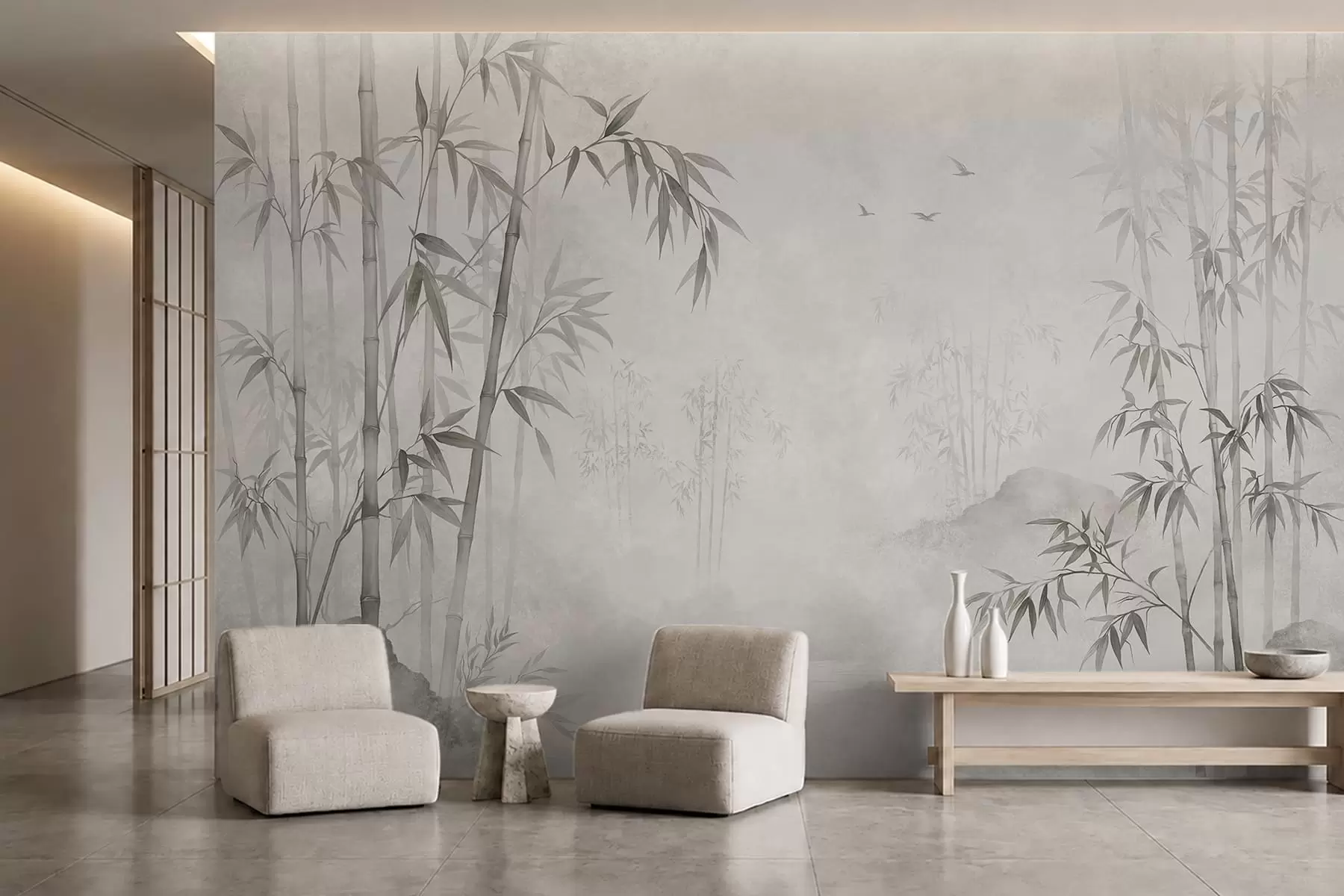 Wall Mural Photo Wallpaper A misty monochrome bamboo grove by calm waters w05732v1