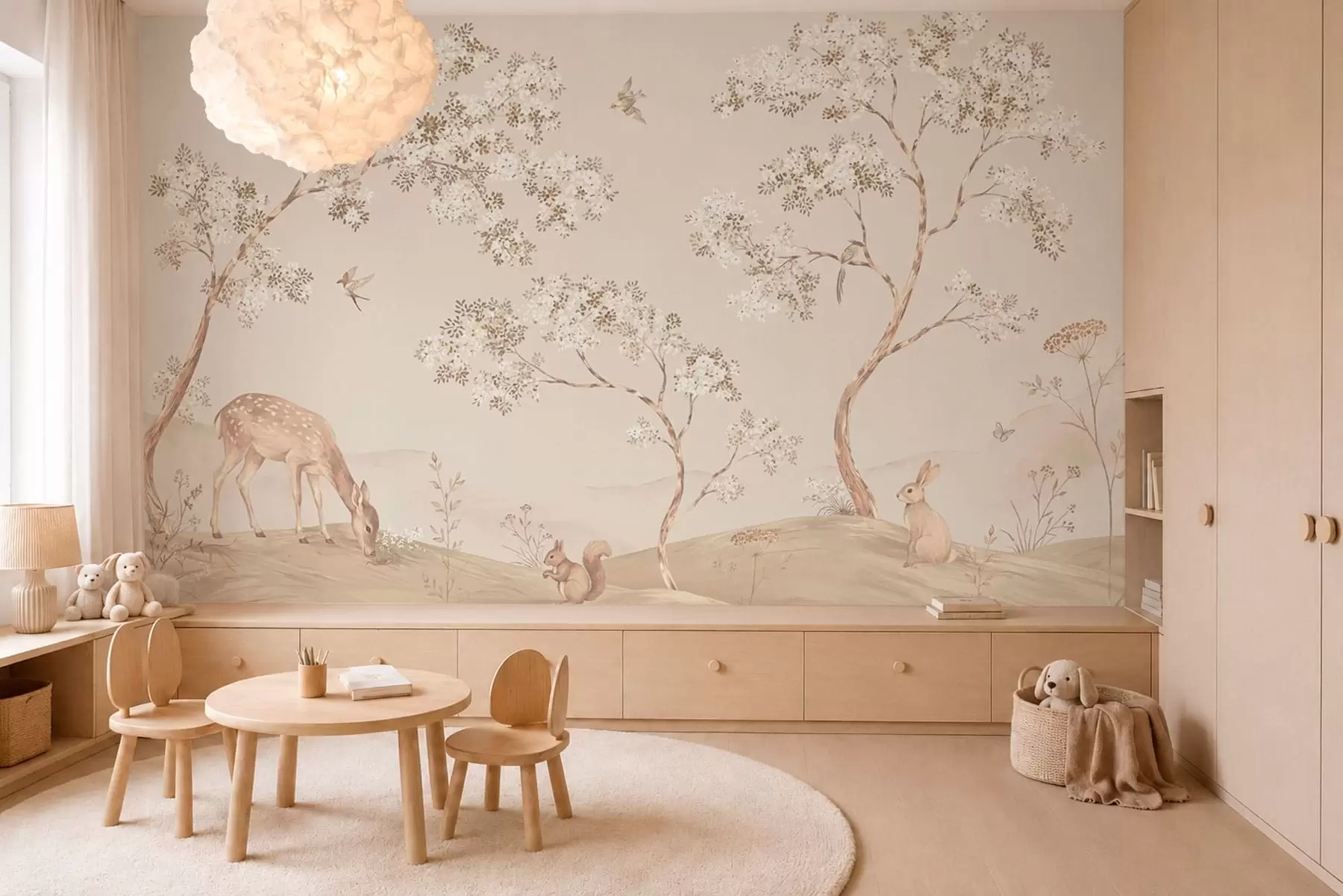 wall murals Flowering trees with a deer, a hare, and a squirrel w05809