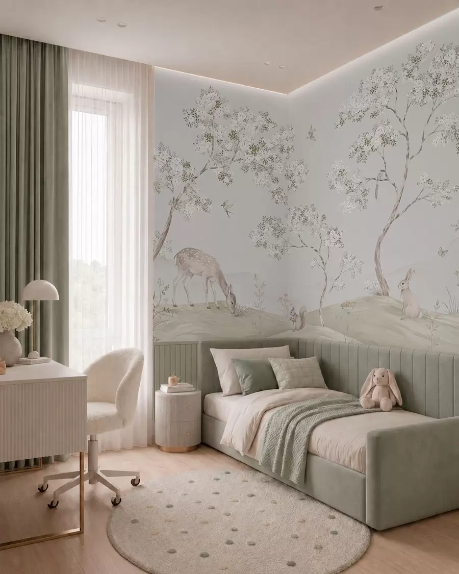murales Árboles en flor con un ciervo, una liebre y una ardilla en tonos azules w05809v1