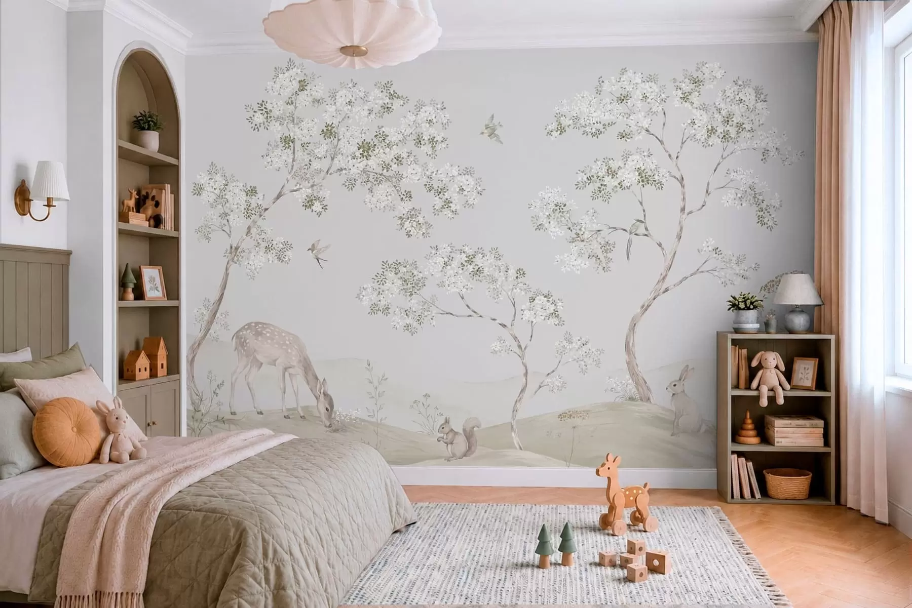 peintures murales Des arbres en fleurs avec un cerf, un lièvre et un écureuil, dans des tons de bleu w05809v1