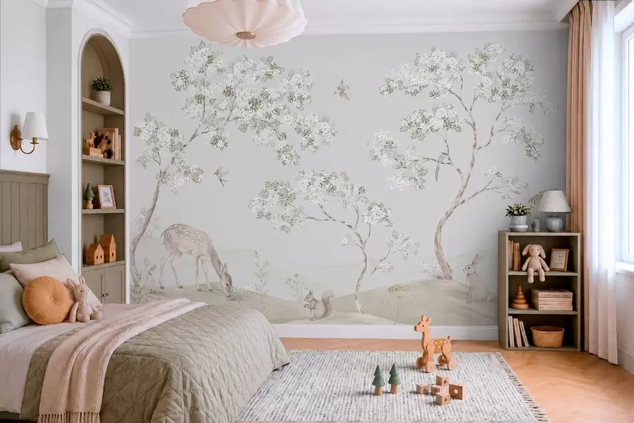 peintures murales Des arbres en fleurs avec un cerf, un lièvre et un écureuil, dans des tons de bleu w05809v1