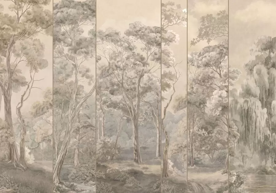 peintures murales Une forêt panoramique peuplée de grands arbres, aux teintes douces et chaudes w05811