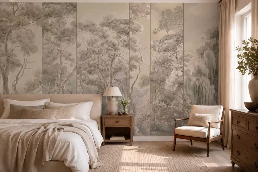 Wall Mural Photo Wallpaper A panoramic forest with tall trees in soft, warm tones w05811