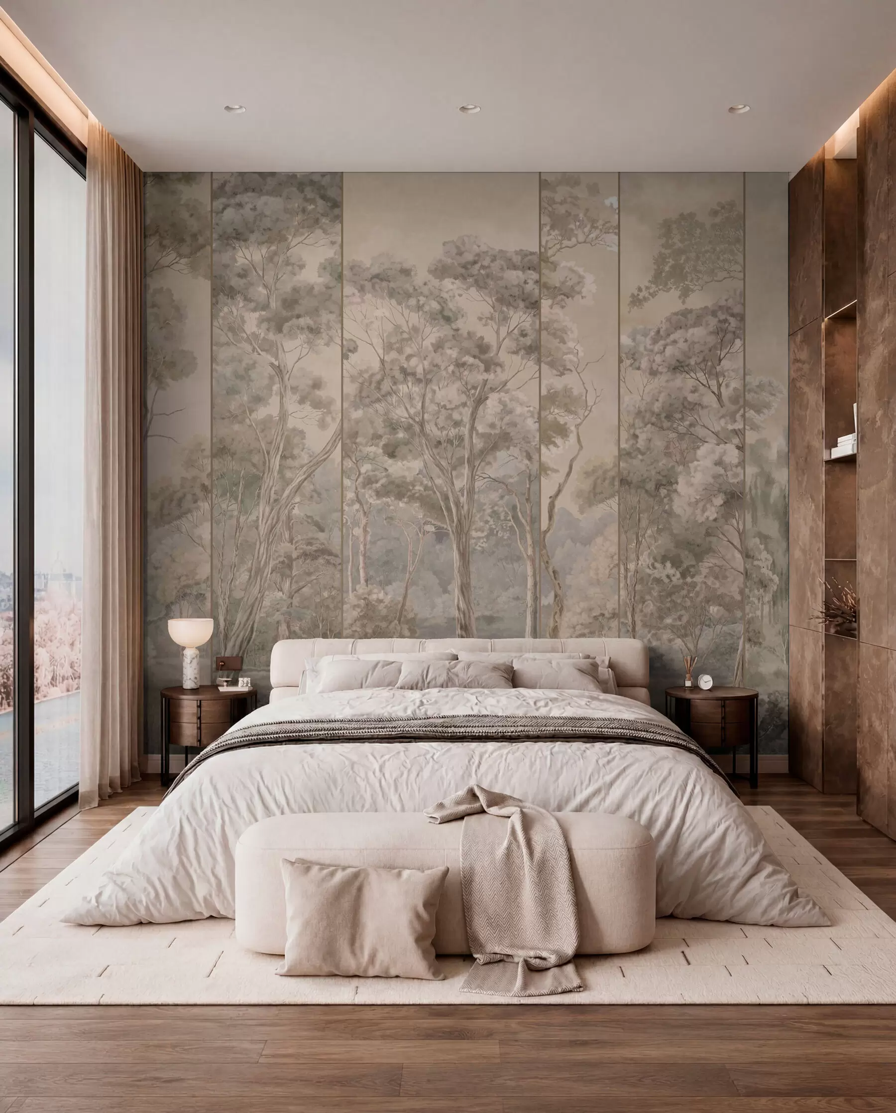 Wall Mural Photo Wallpaper A panoramic forest with tall trees in soft, warm tones w05811