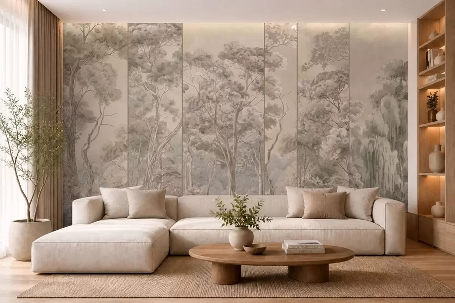 peintures murales Une forêt panoramique peuplée de grands arbres, aux teintes douces et chaudes w05811